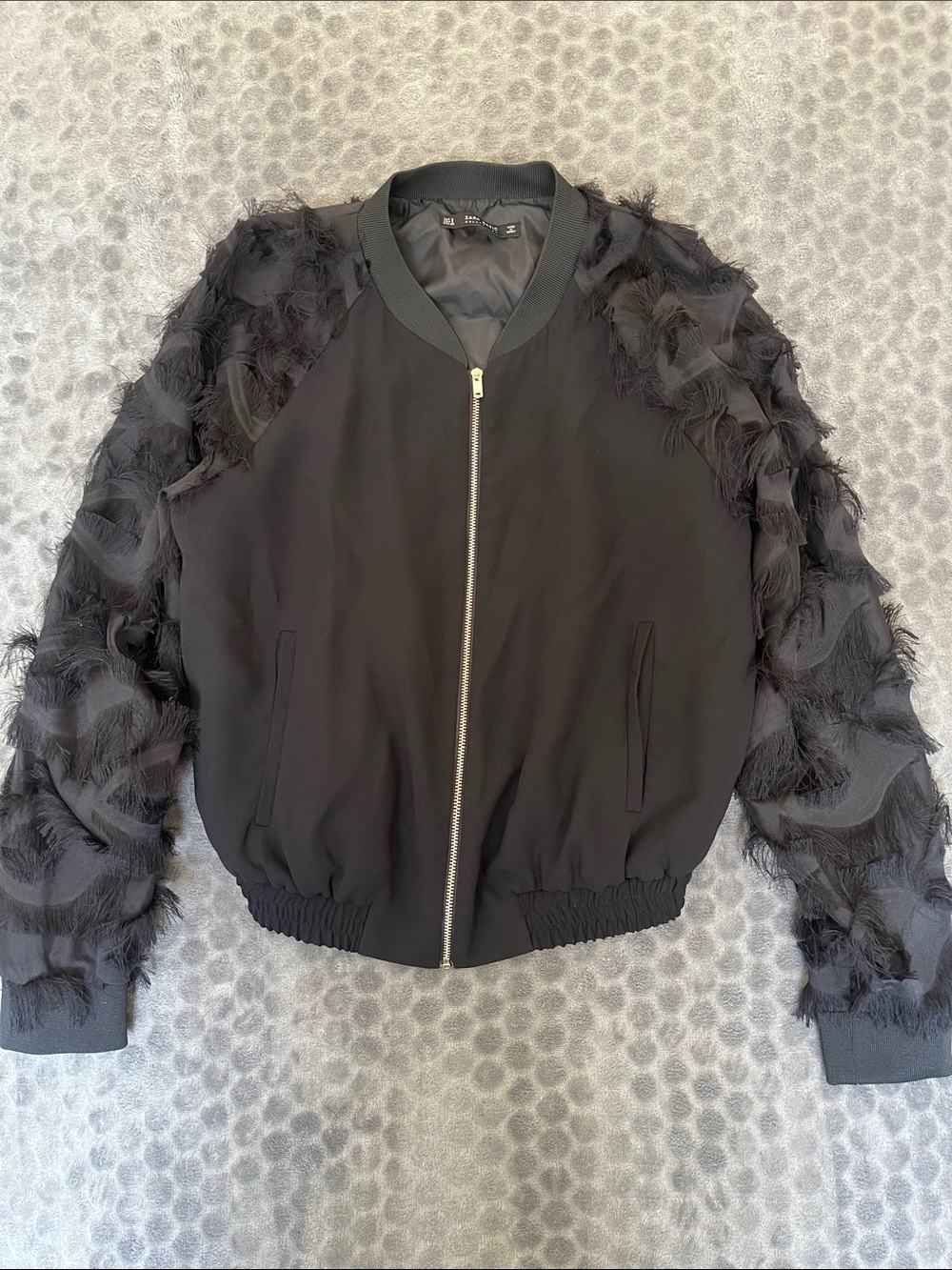 Zara Black Bomber Jacket with Frayed/Wispy/Feathered Sleeves Small